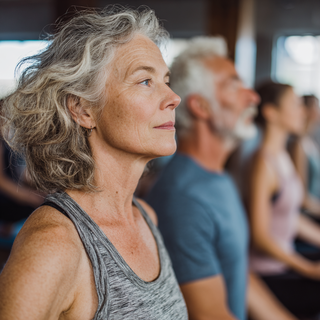 Experienced yoga instructor guiding older adults in mindful practice