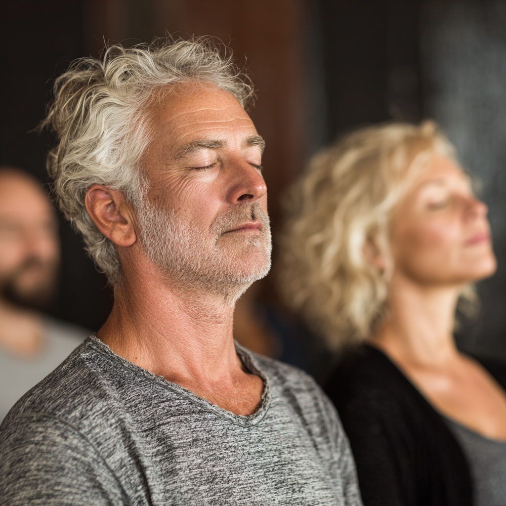 Middle-aged adults in peaceful yoga meditation practice